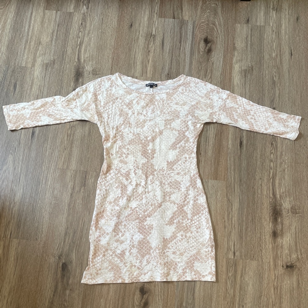 Express_XS_Cream and Tan Snake Print Long Sleeve mini Dress
